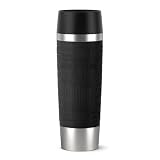 EMSA Travel Mug, Grande Thermobecher, 0,50 L Fassungsvermögen, Doppelwandige Vakuumisolierung, 6 Stunden Heiß, 12 Stunden Kalt, 360° Trinken, Soft-Touch Silikonhülle, Edelstahl, Black, 515615