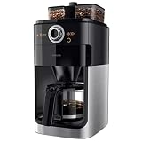 Philips Filterkaffeemaschine mit Mahlwerk – 1.2-Liter-Glaskanne, bis zu 12 Tassen, Duo-Behälter für Kaffeebohnen, Timer, schwarz/metallisch (HD7769/00)